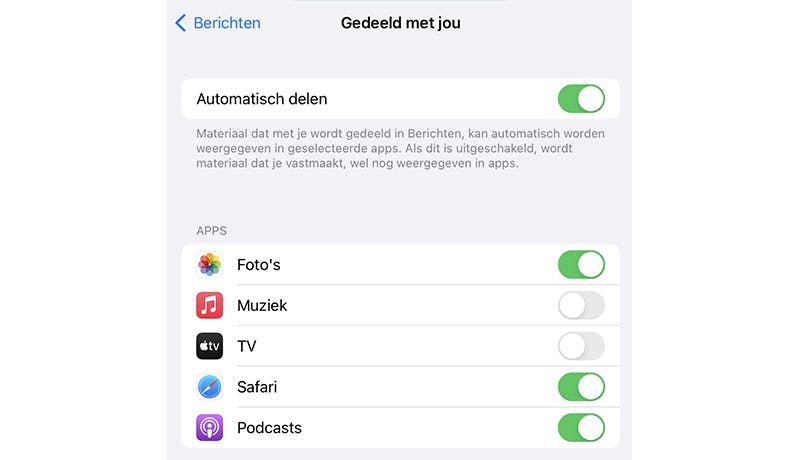 Bepaal welk gedeeld materiaal voor andere apps beschikbaar is.