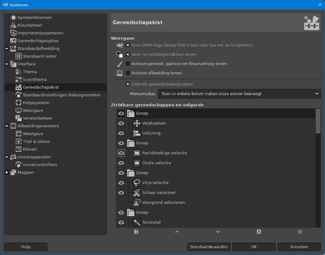 GIMP laat zich gewillig aanpassen – tot de samenstelling van de gereedschapskist toe.