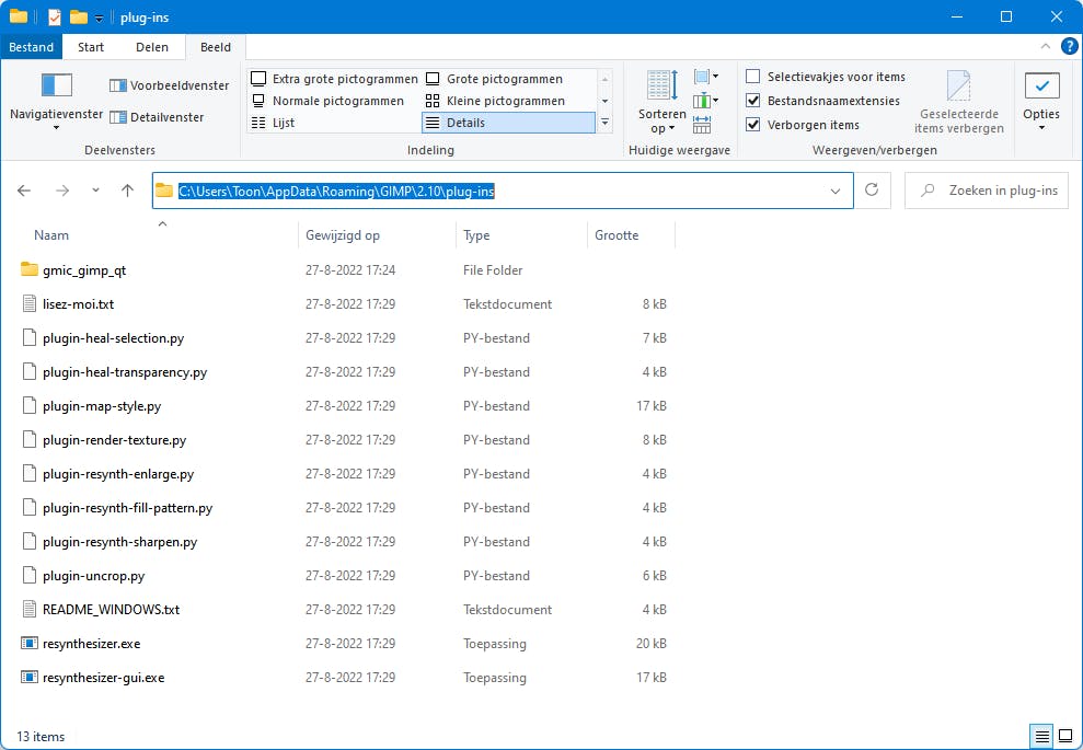 Een blik in onze GIMP plug-inmap (met overwegend py-bestanden).