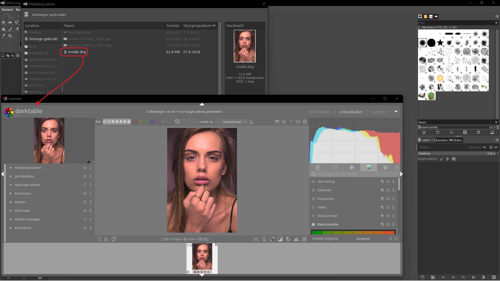 Zodra je een raw-foto opent, start automatisch de ‘plug-in’ darktable op voor raw-optimalisaties.
