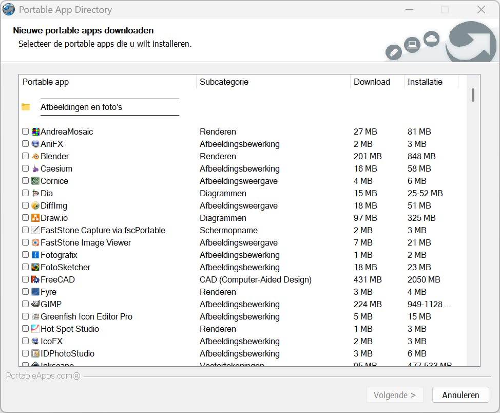 Welke apps wil je installeren?