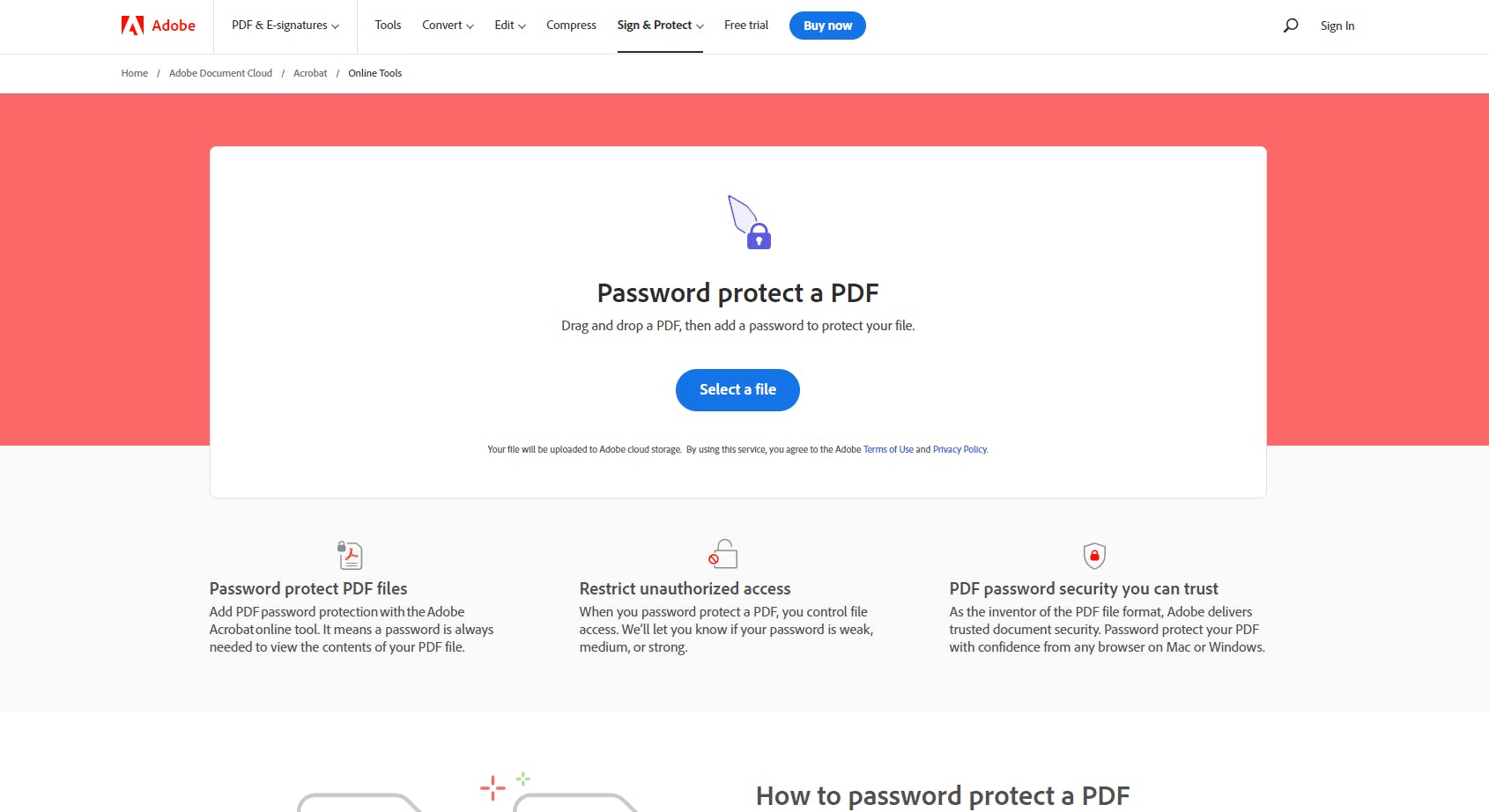 Pdf's kun je gemakkelijk laten beveiligen via de online Password Protect tool van Adobe.