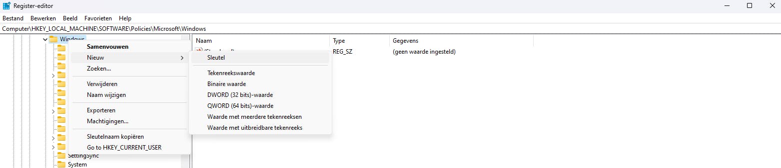 Maak een nieuwe sleutel aan met de naam OneDrive.