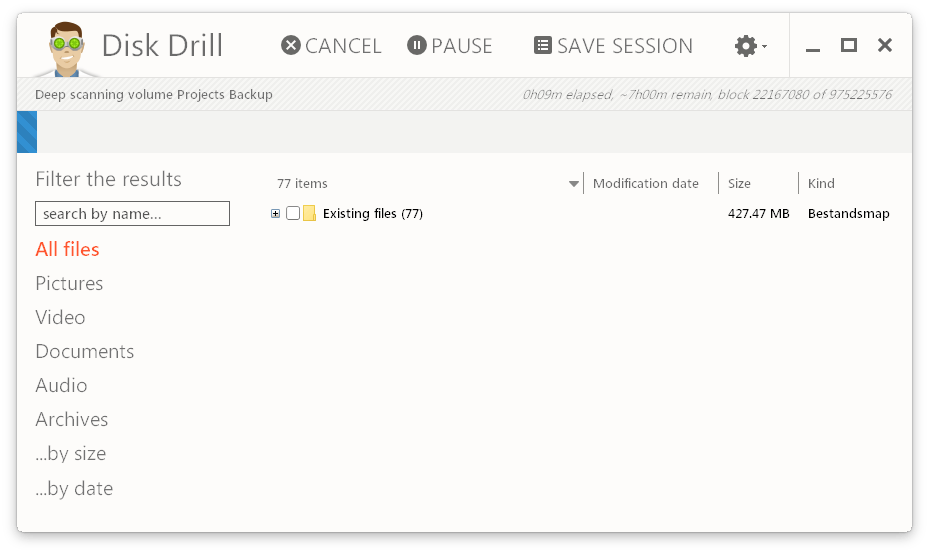 Disk Drill is bezig met scannen, en vindt alvast een paar bestanden.