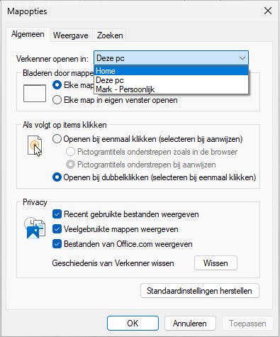 Hier pas je de startlocatie van Verkenner aan.