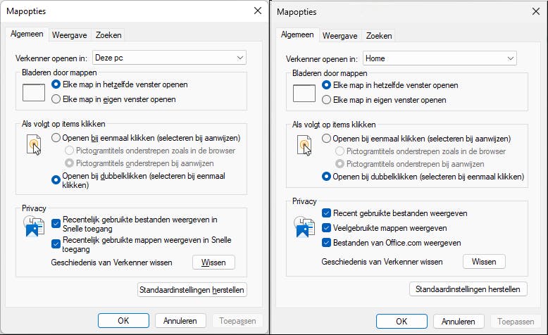 Met de gewijzigde privacyopties kun je nu ook OneDrive-bestanden weergeven of juist verbergen in het overzicht van recente bestanden en mappen. Links de oude instellingen, rechts de nieuwe.