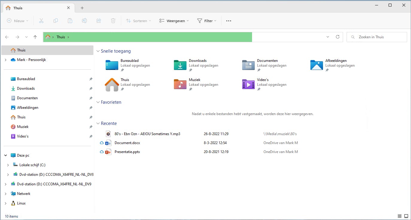 Het startscherm van Verkenner is gewijzigd en opent nu standaard een overzicht genaamd Thuis.