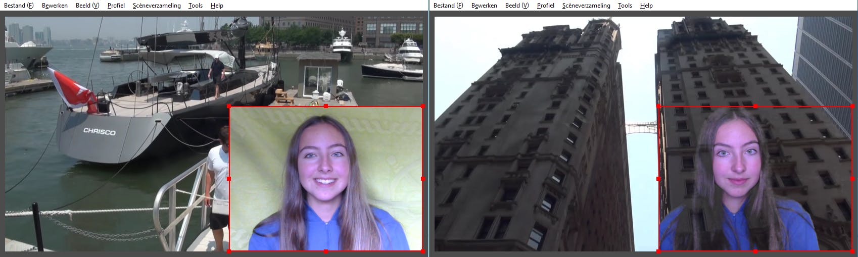 Links: met groene handdoek. Rechts: na toepassing van het filter.