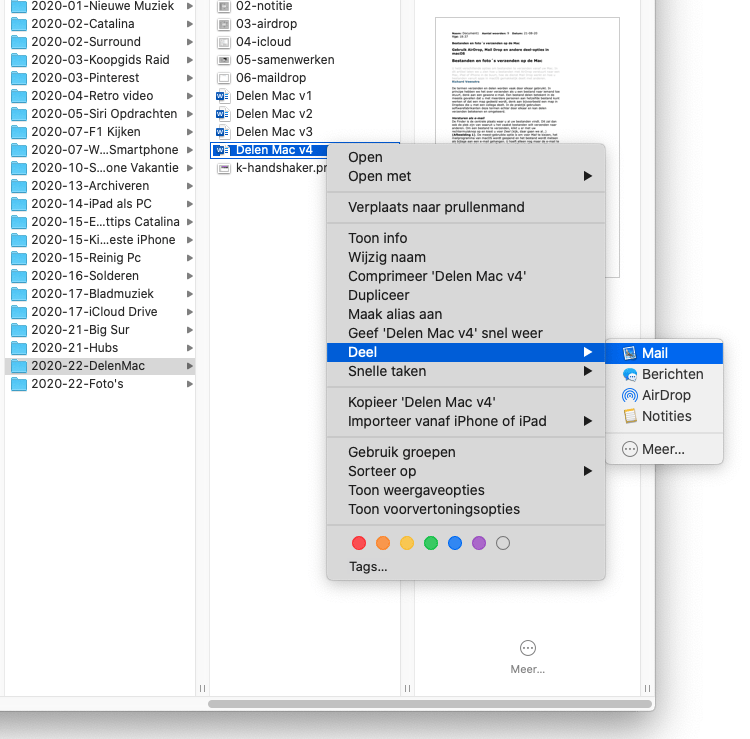 Klik met je rechtermuisknop op een bestand of map en kies één van de deel- of verzendopties.