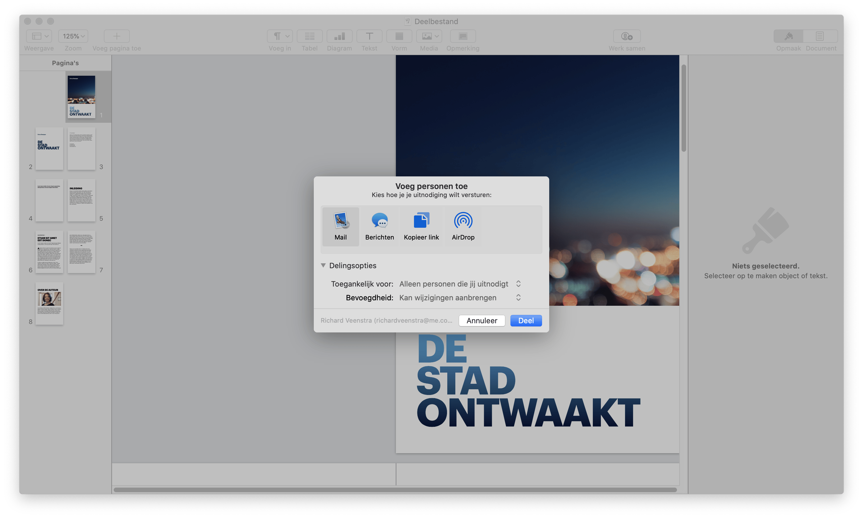 Geef het e-mailadres op van iemand met wie je wilt samenwerken. Vergeet niet om de delingsopties even langs te lopen.