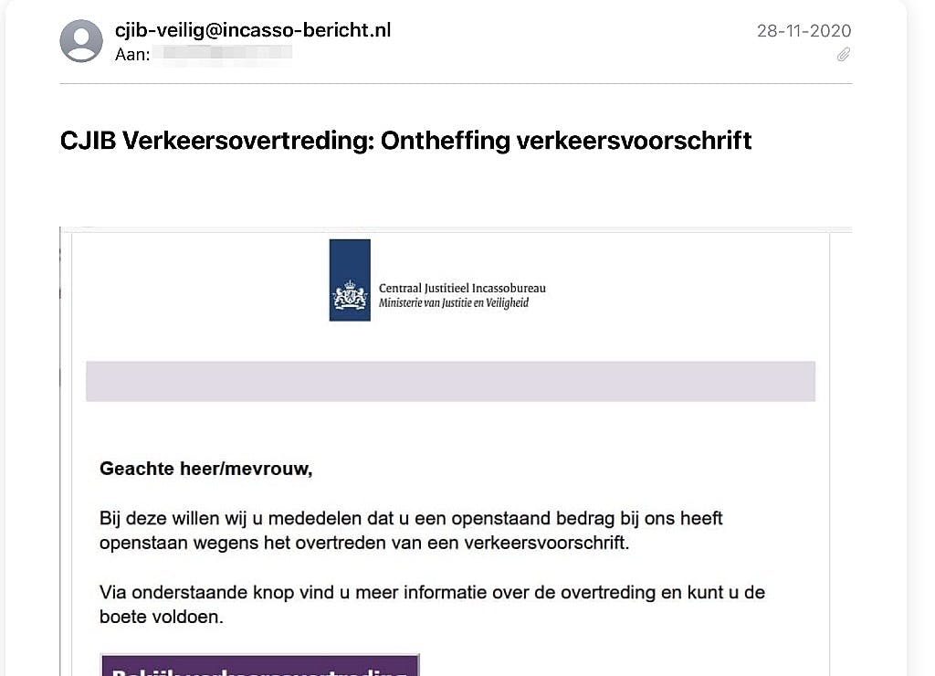 Het moge duidelijk zijn dat dit fake is, een blik op het mailadres van de afzender volstaat; ook is de hele mailtekst als afbeelding geplakt, wat betekent dat je echt nérgens moet klikken.