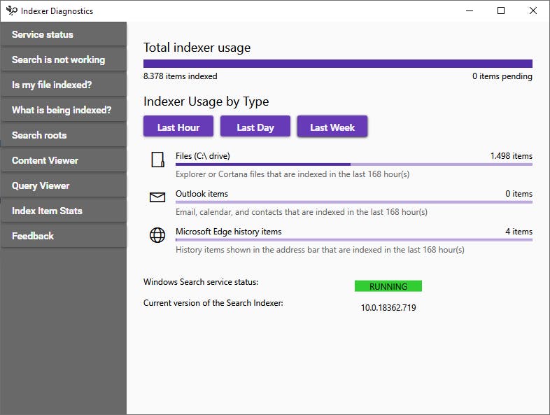 Geruststellend wanneer je leest dat de Windows Search service status wel degelijk actief is.