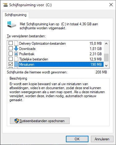 De miniatuurcache neemt op dit ogenblik 190 MB in beslag.