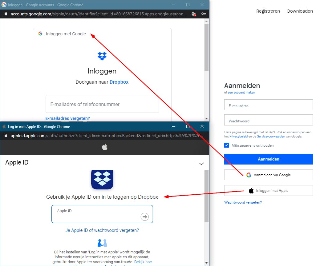 Ook Dropbox ondersteunt een sso-aanmelding via Google en Apple.