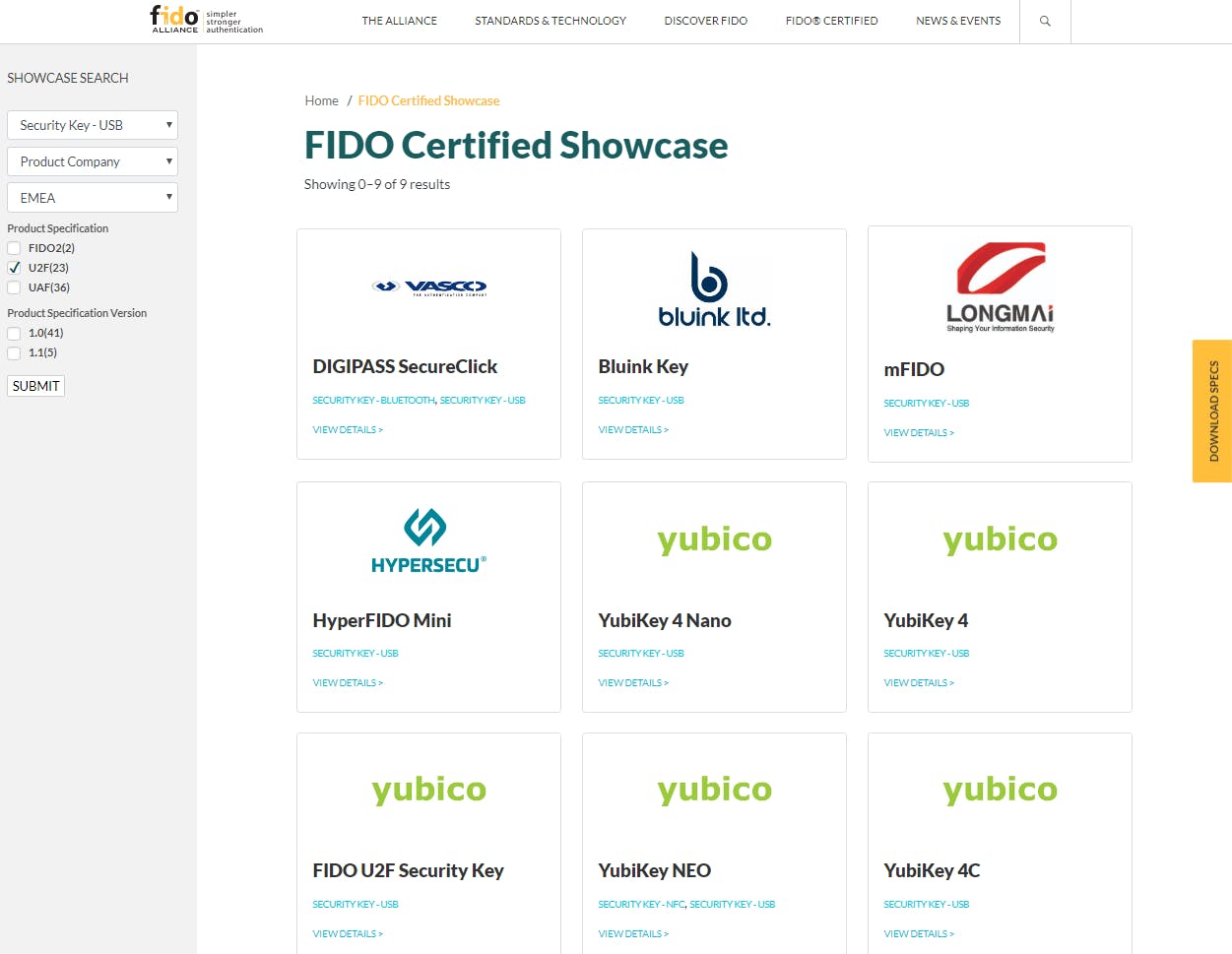 Een keur aan usb-beveiligingssleutels die allemaal voldoen aan de FIDO U2F-specificatie.