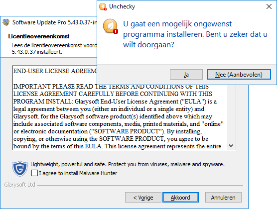 Wees altijd alert tijdens de installatie van programma’s om ongewenste extra software en/of aanpassingen te voorkomen.
