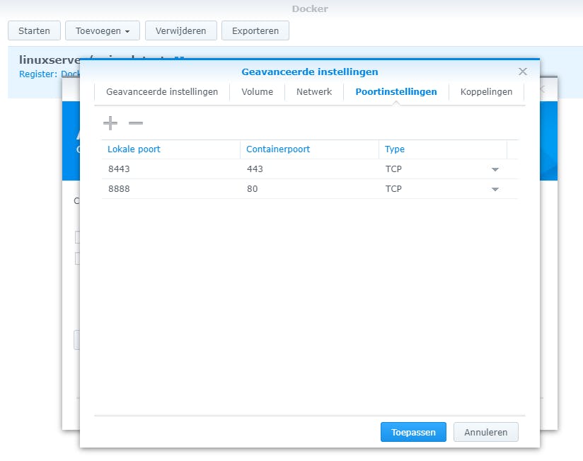 05 Bij de configuratie van de container kun je onder andere lokale poorten kiezen.