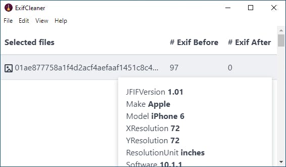 In die ene foto vindt ExifCleaner 97 verschillende exif-gegevens.