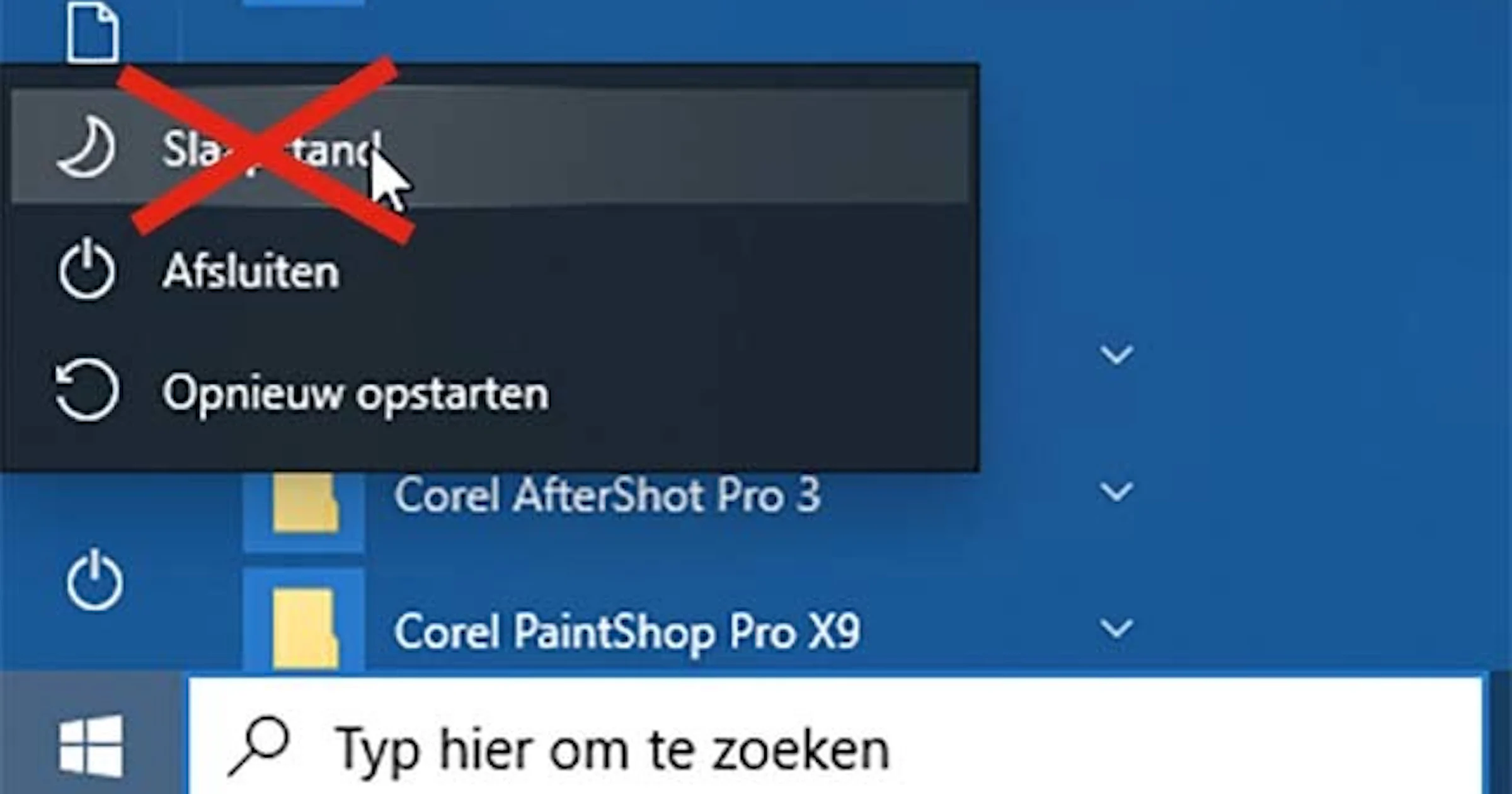 Weg met de slaapstand in het Windows 10 startmenu