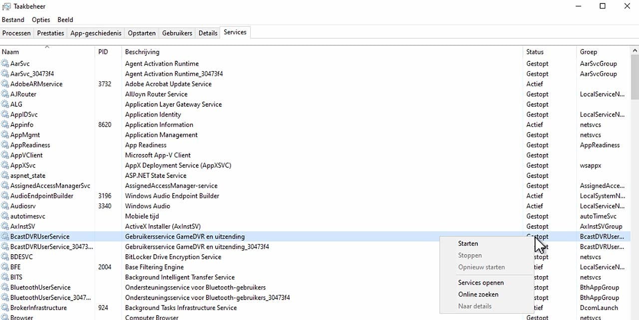 Ook services zijn te stoppen (rechter muisknop!), maar zorg dat je dan wel heel precies weet wat je doet!