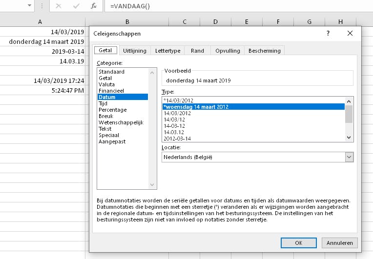 01 Uiteraard bepaal je in de Celeigenschappen hoe de datum en tijd eruit moeten zien.