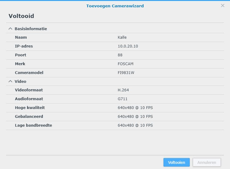 Via de wizard kun je eenvoudig een camera toevoegen aan Surveillance Station.