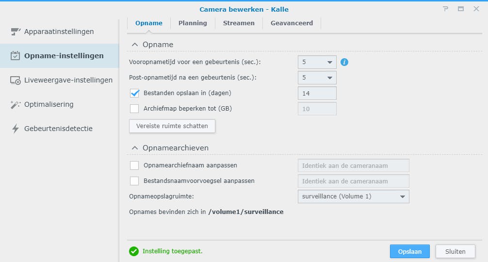 Je kunt nauwgezet instellen hoelang opnames bewaard moeten worden.