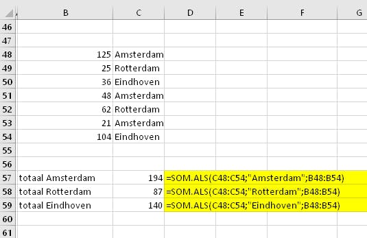 05 Excel maakt de optelling op basis van informatie in een andere kolom.