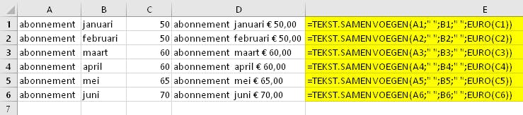 06 Hier combineren we de formule TEKST.SAMENVOEGEN met de functie EURO.
