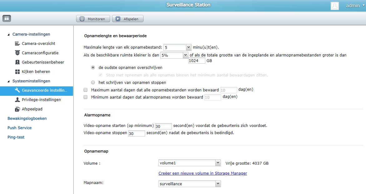 Bij QNAP kun je via algemene instellingen opslagruimte voor opnames beheren.