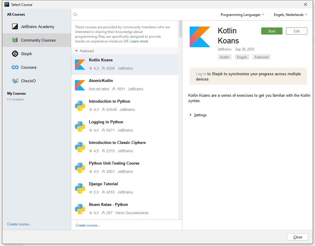 Kotlin Koans is een studieprogramma dat je in IntelliJ IDEA kunt gebruiken.