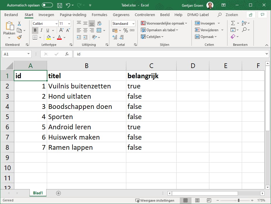 Voorbeeld voor onze takenlijst in Excel.