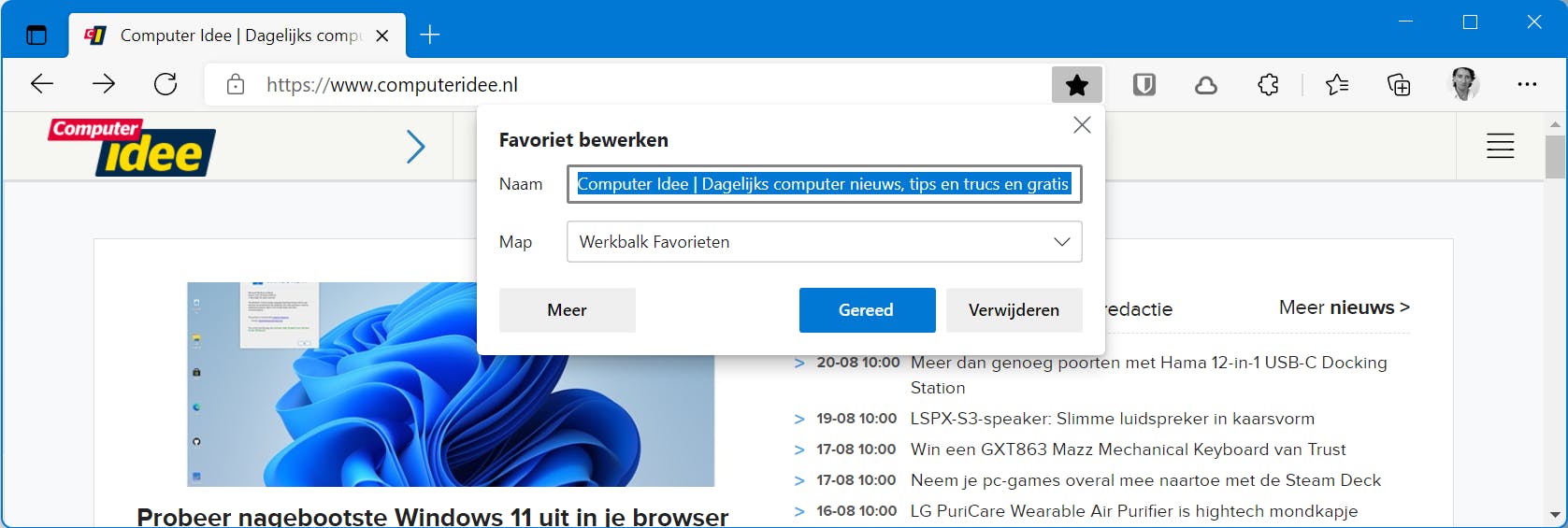 Snel een nieuwe internetfavoriet aanmaken in Edge van Microsoft.