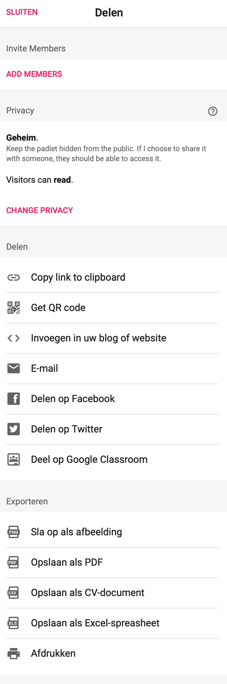 Je kunt de padlet in de meest uiteenlopende vormen delen.