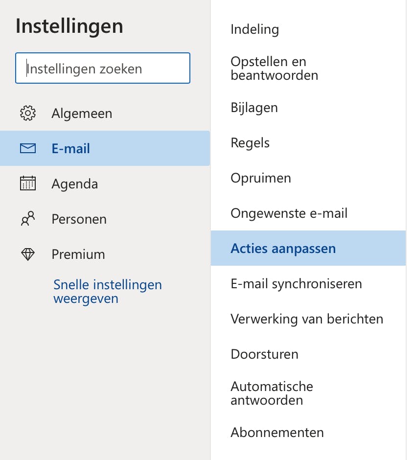 De Acties pas je aan bij de instellingen in de rubriek E-mail.
