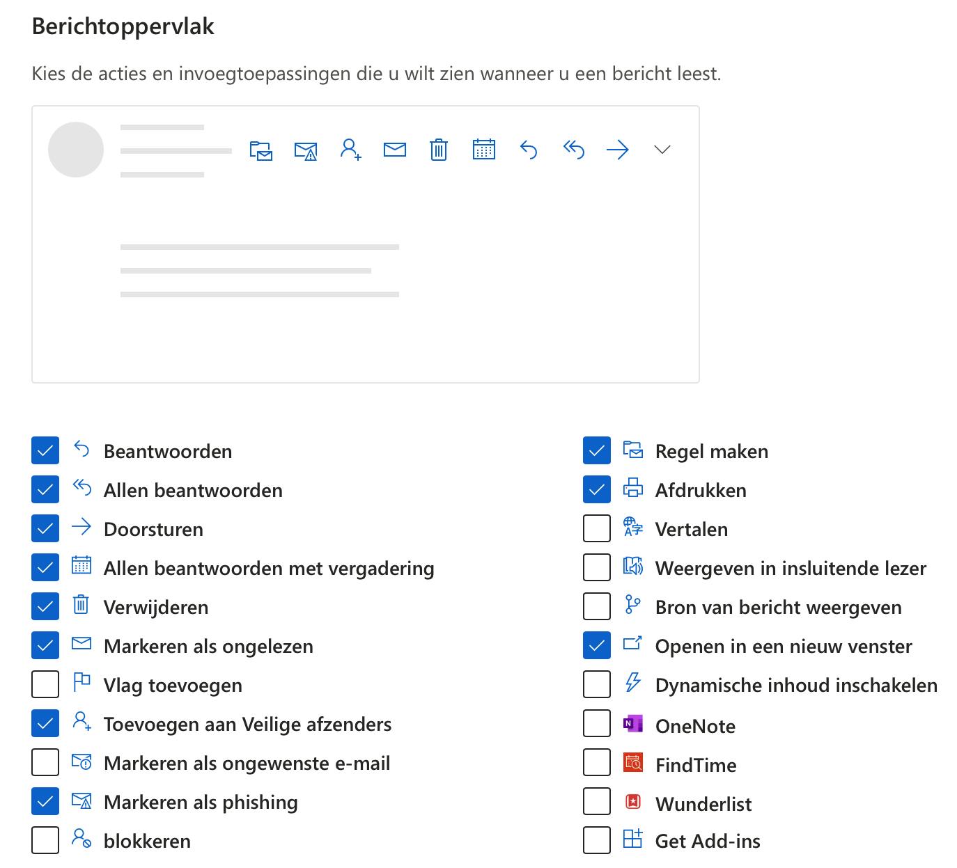 Zowel in de rubriek Berichtoppervlak als in de Werkbalk heb je keuze uit veel acties.