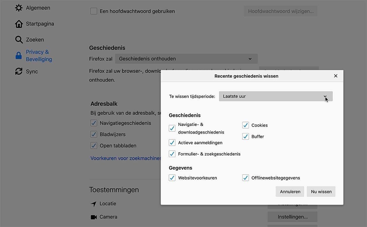In Firefox heb je het wissen van de browercache volledig onder controle