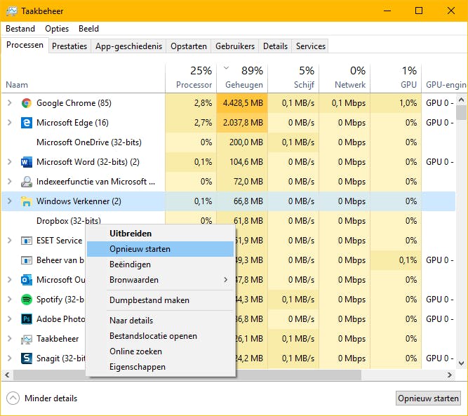 Ook kan het nodig zijn om Windows Verkenner even te herstarten.