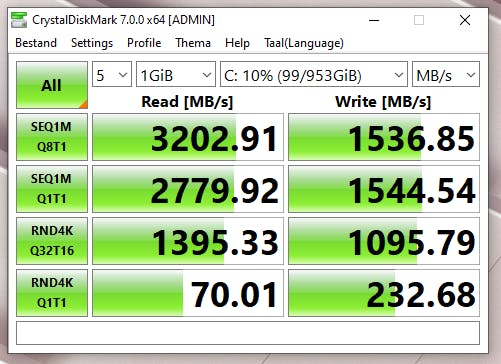 De CrystalDiskMark voor de ASUS ProArt StudioBook Pro X W730G5T.