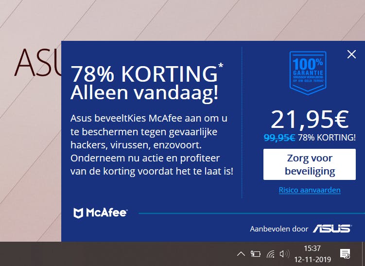 Misplaatste bangmakerij-reclame (met fouten) op een notebook van duizenden euro's is niet fraai.