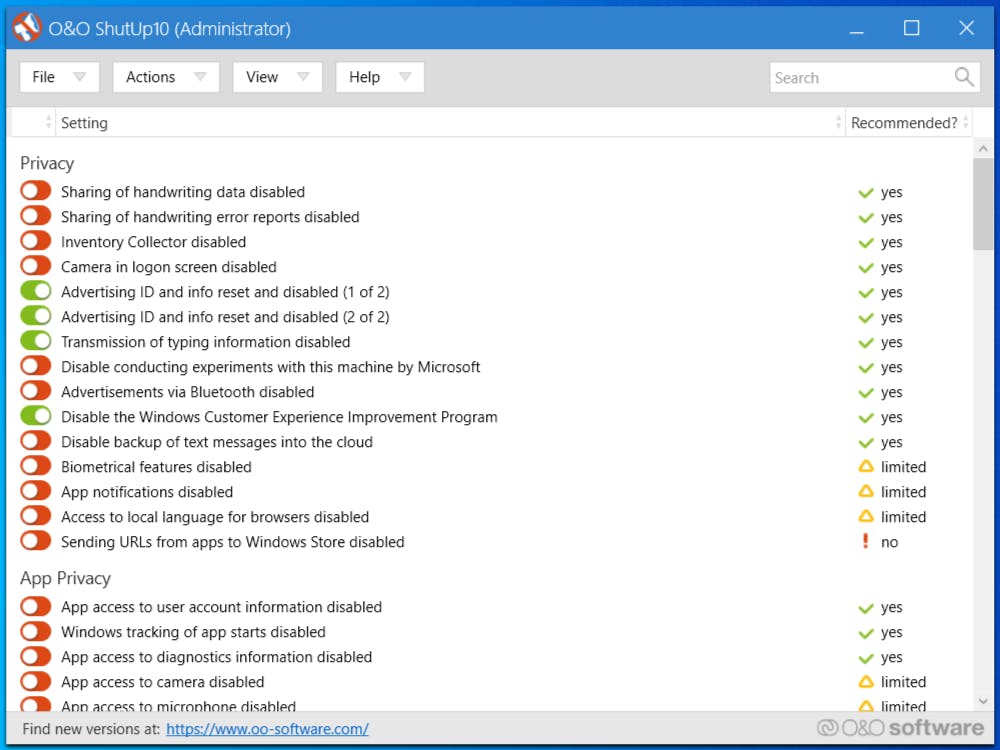 01 ShutUp10 geeft je ook toegang tot de verborgen privacyinstellingen van Windows 10.