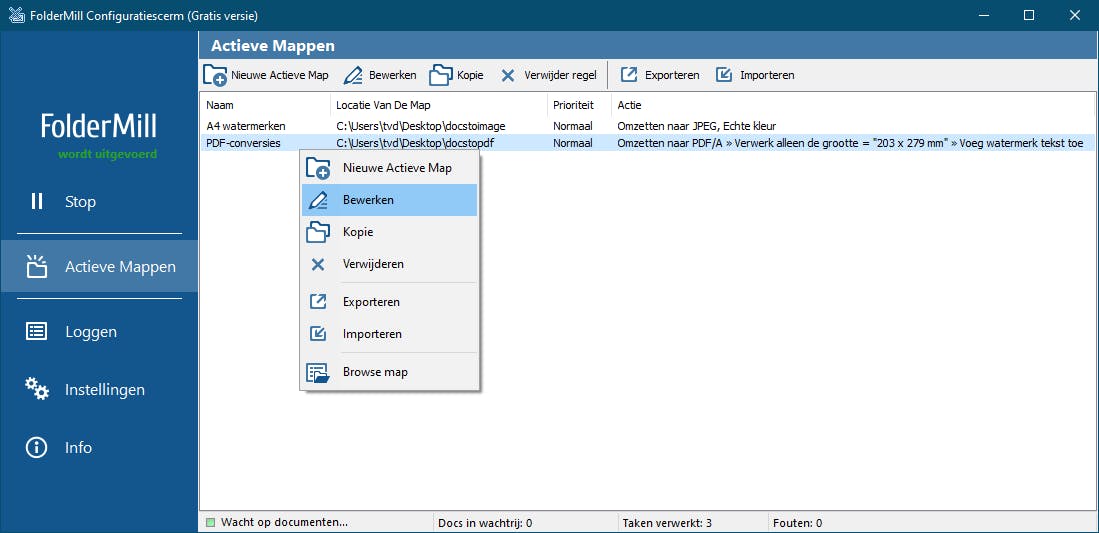Je kunt meerdere actieve mappen en actiesets instellen.