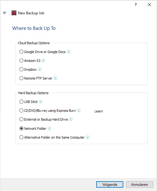 Tip 03 De reservekopie moet in dit geval op het netwerkstation komen.