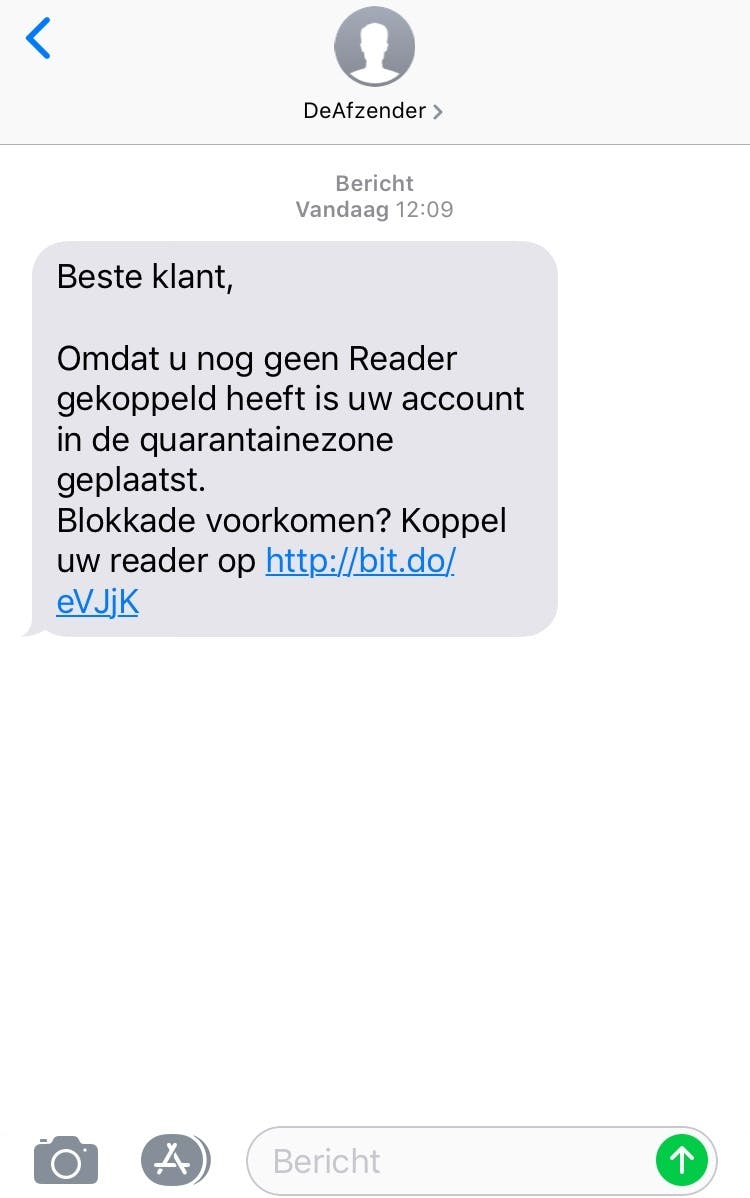 Ook sms-berichten kunnen gevaarlijke links bevatten die ogenschijnlijk van een bekende persoon of instantie afkomstig zijn.
