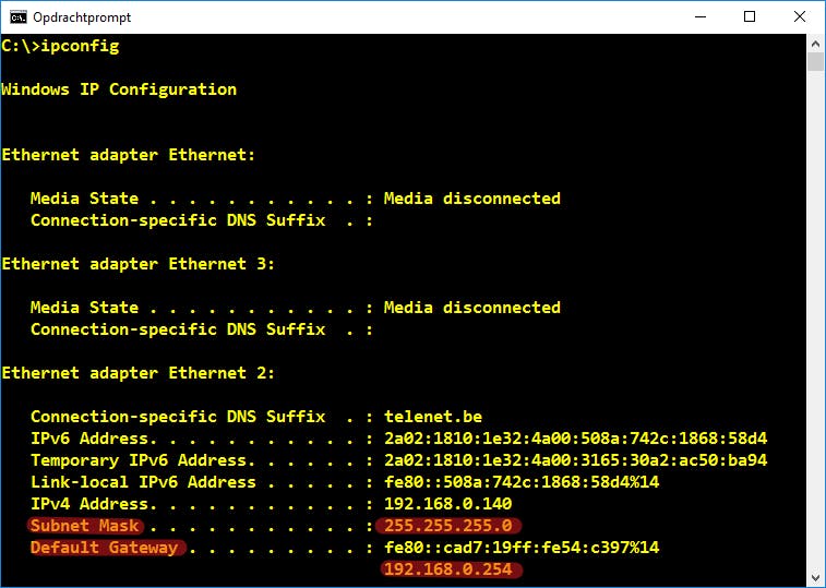 03 Noteer het ip-adres van je (eerste) router oftewel standaardgateway.