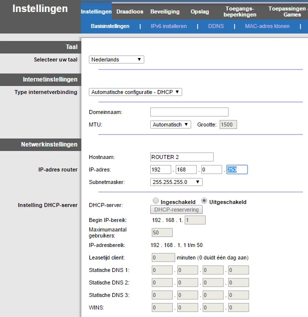 04 Geef je tweede router een vast, uniek ip-adres mee in hetzelfde ip-segment.