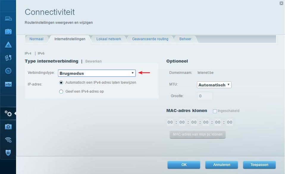De bridge-modus (brugmodus) zit diep verstopt bij een Cisco Linksys EA6400-router.