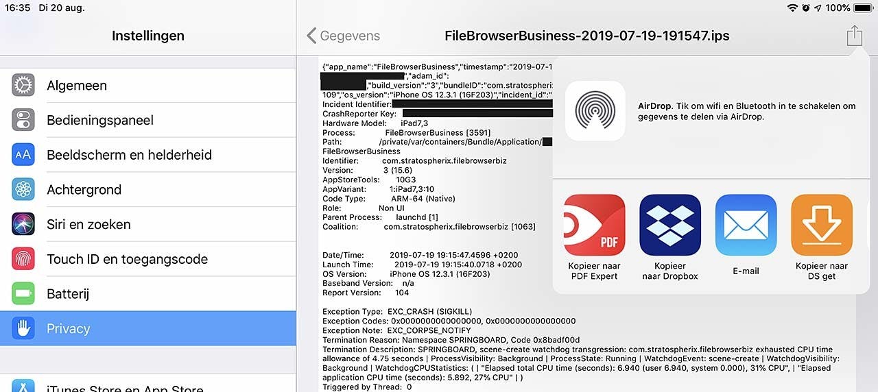 Zo mail je een crash report van een app in iOS naar de maker