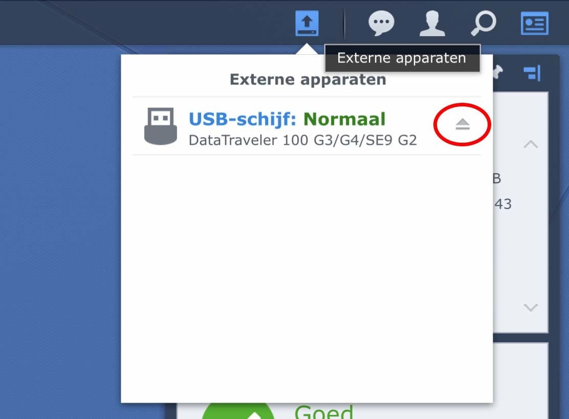 Klik op het hier omcirkelde pictogram om het usb-apparaat correct van je Synology NAS los te koppelen
