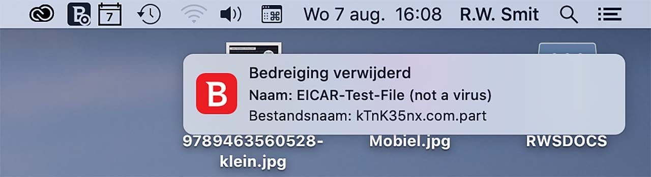 Bitdefender - hier in de macOS-versie - heeft het EICAR testvirus betrapt!